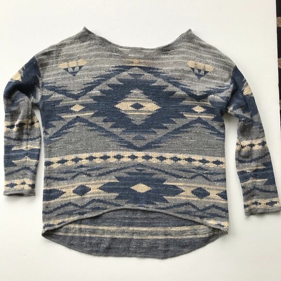 RALPH LAUREN Cotton Southwest Tribal Print Pullover Sweater blues greys cream M - Picture 11 of 14